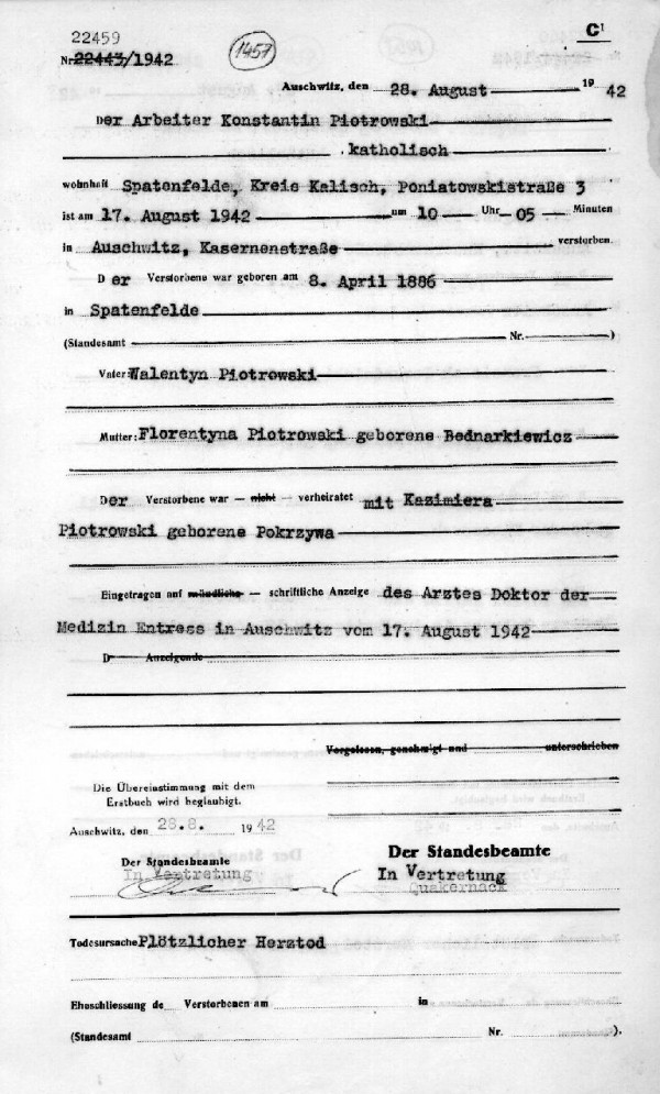 Akt zgonu Konstantego Piotrowskiego, ojca Zygmunta. Pastwowe Muzeum  Auschwitz-Birkenau
