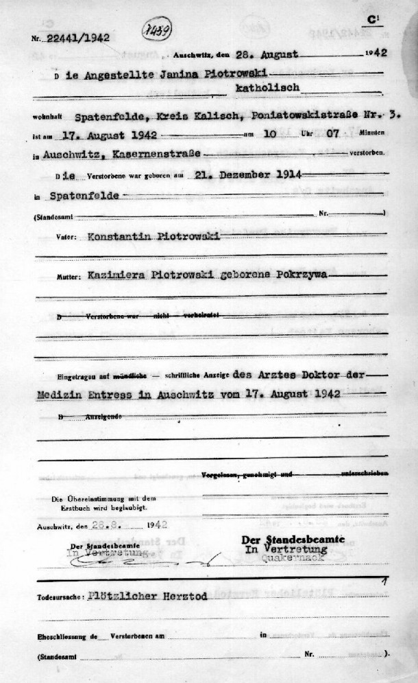 Akt zgonu Janiny Piotrowskiej, siostry Zygmunta. Pastwowe Muzeum  Auschwitz-Birkenau