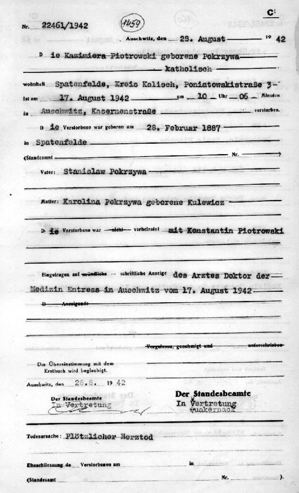 Akt zgonu Kazimiery Piotrowskiej, matki Zygmunta. Pastwowe Muzeum  Auschwitz-Birkenau